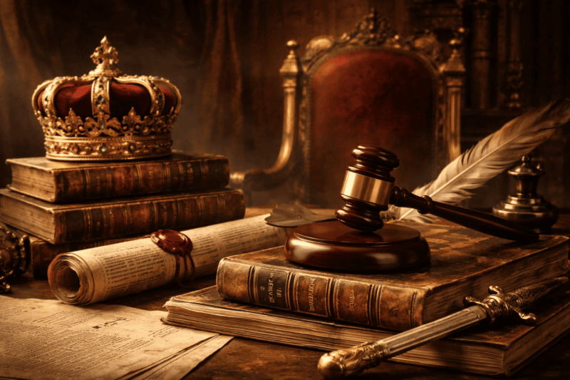Vintage scene with king’s crown, gavel, sword, and law books symbolizing authority and legal positivism