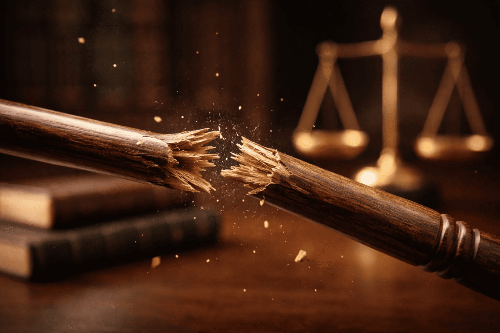 Broken wooden gavel symbolizing breach of contract and legal consequences under contract law