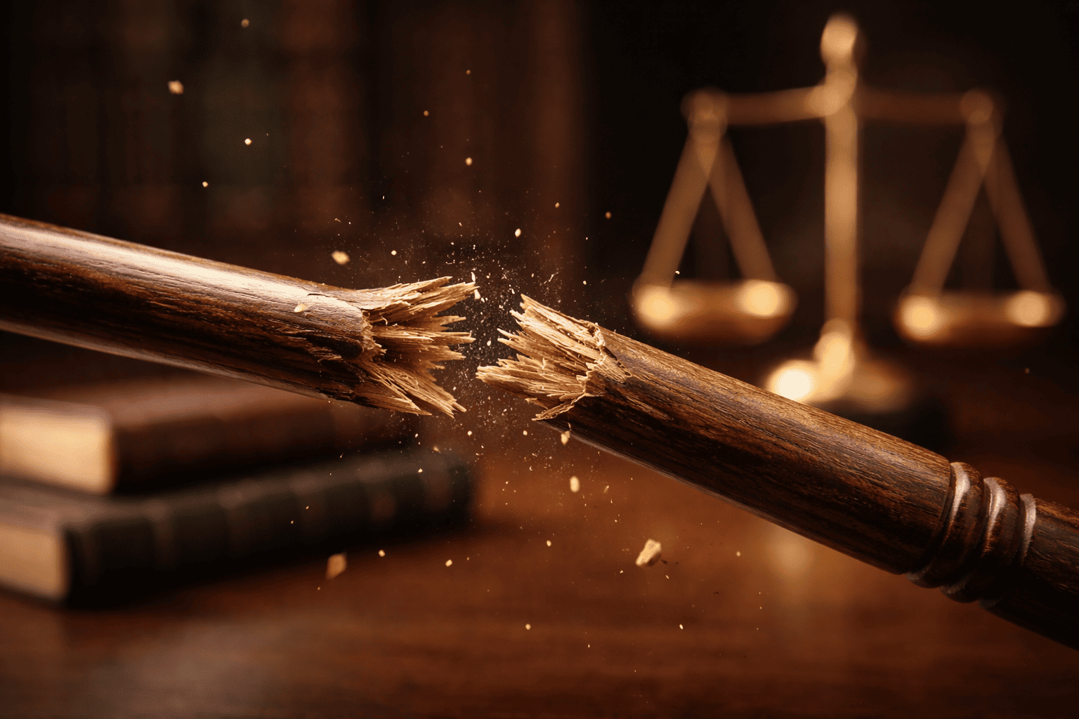 Broken wooden gavel symbolizing breach of contract and legal consequences under contract law