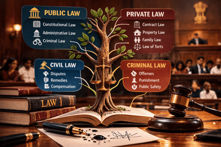 Tree diagram illustrating types of law including public law, private law, civil law, and criminal law with courtroom and legal symbols