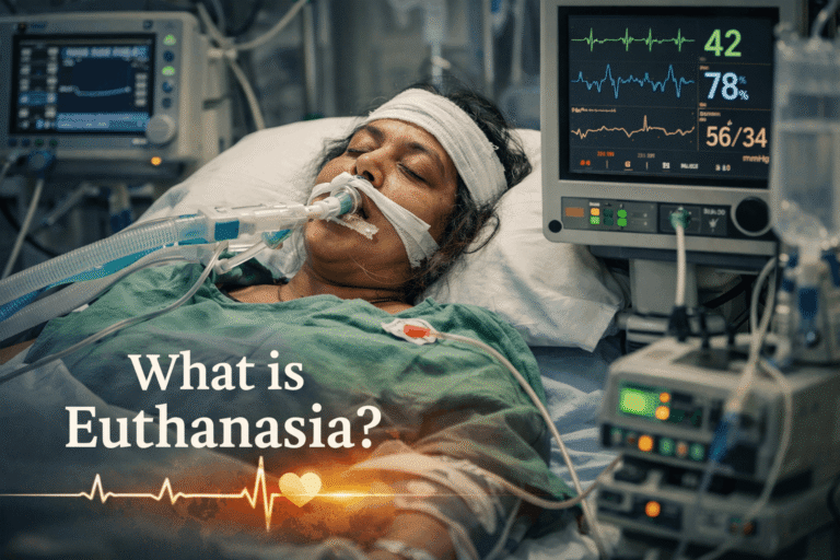 Patient on life-support ventilator in ICU illustrating the ethical and legal debate around euthanasia and end-of-life decisions.