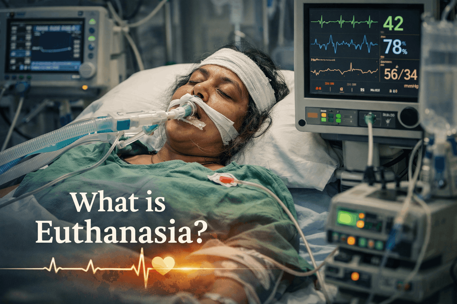 Patient on life-support ventilator in ICU illustrating the ethical and legal debate around euthanasia and end-of-life decisions.