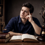 Person at desk with law books.