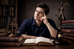 Person at desk with law books.