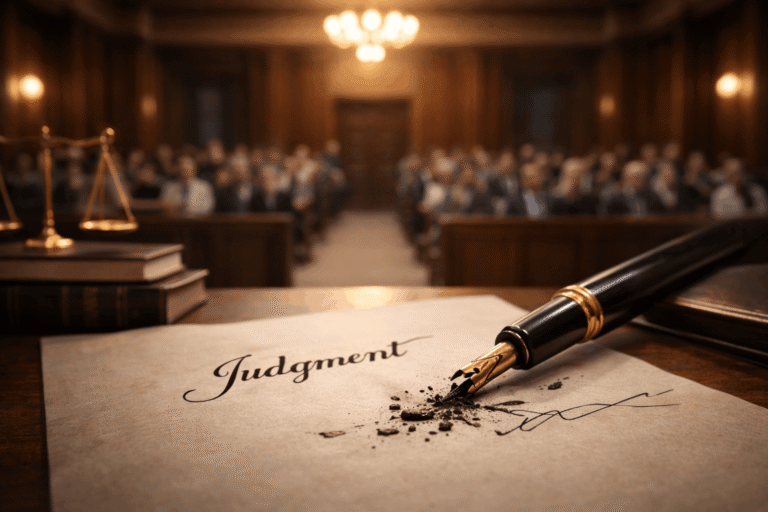 Broken fountain pen at the end of a judicial signature on a judgment document with courtroom audience in background symbolizing the pursuit of justice