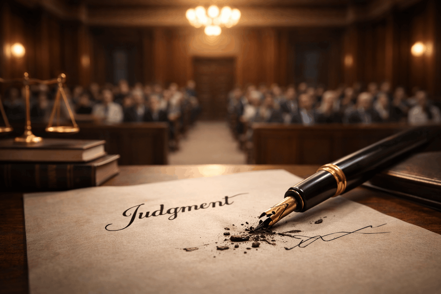 Broken fountain pen at the end of a judicial signature on a judgment document with courtroom audience in background symbolizing the pursuit of justice