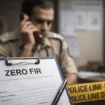 Clipboard showing Zero FIR document in a police station with officer and investigation tape in background