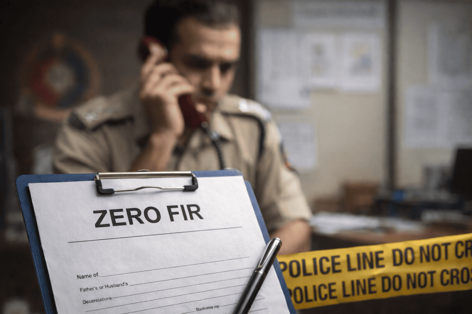 Clipboard showing Zero FIR document in a police station with officer and investigation tape in background