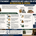 Legal infographic illustrating attachment and properties not liable for attachment under Section 60 CPC with courtroom symbols, exempted property categories, and execution of decree concepts.
