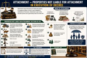 Legal infographic illustrating attachment and properties not liable for attachment under Section 60 CPC with courtroom symbols, exempted property categories, and execution of decree concepts.