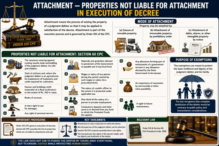 Legal infographic illustrating attachment and properties not liable for attachment under Section 60 CPC with courtroom symbols, exempted property categories, and execution of decree concepts.