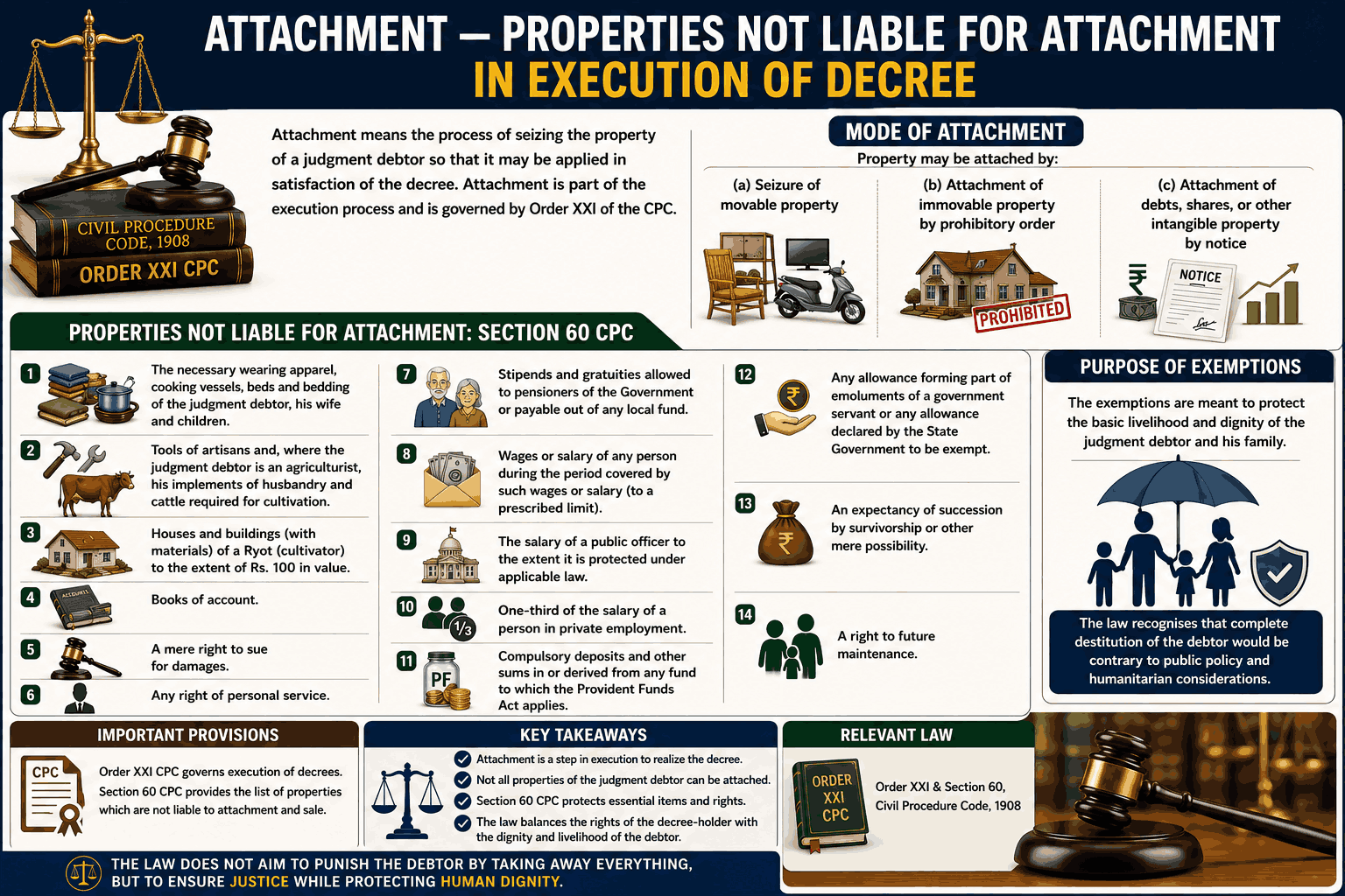Legal infographic illustrating attachment and properties not liable for attachment under Section 60 CPC with courtroom symbols, exempted property categories, and execution of decree concepts.