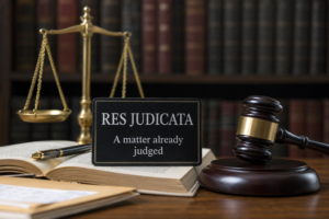 Realistic legal-themed image showing a judge’s gavel, scales of justice, law books, and the concept of Res Judicata in a courtroom-style setting.