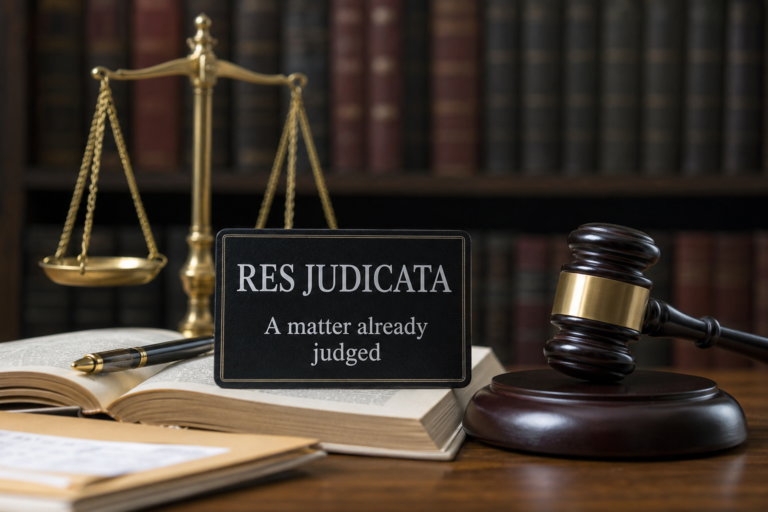 Realistic legal-themed image showing a judge’s gavel, scales of justice, law books, and the concept of Res Judicata in a courtroom-style setting.