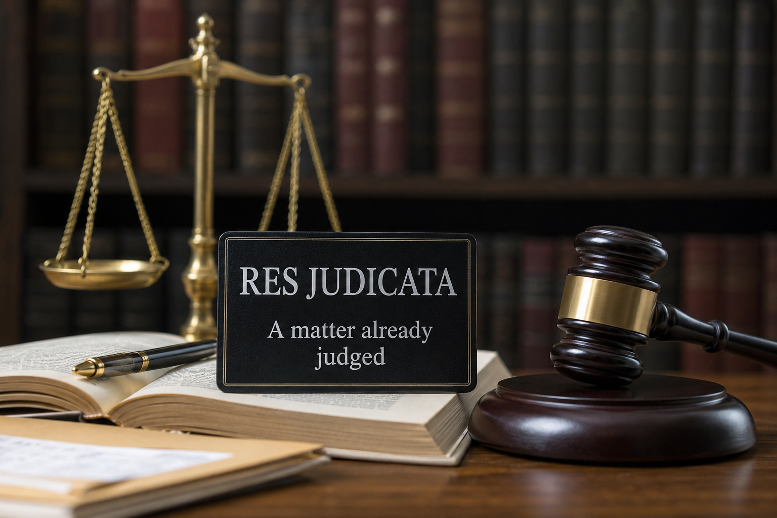 Realistic legal-themed image showing a judge’s gavel, scales of justice, law books, and the concept of Res Judicata in a courtroom-style setting.