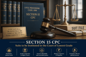 Featured image illustrating Section 15 CPC with a judge’s gavel, scales of justice, legal books, and courtroom elements representing suits instituted in the court of the lowest grade.