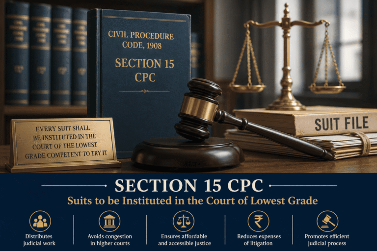 Featured image illustrating Section 15 CPC with a judge’s gavel, scales of justice, legal books, and courtroom elements representing suits instituted in the court of the lowest grade.