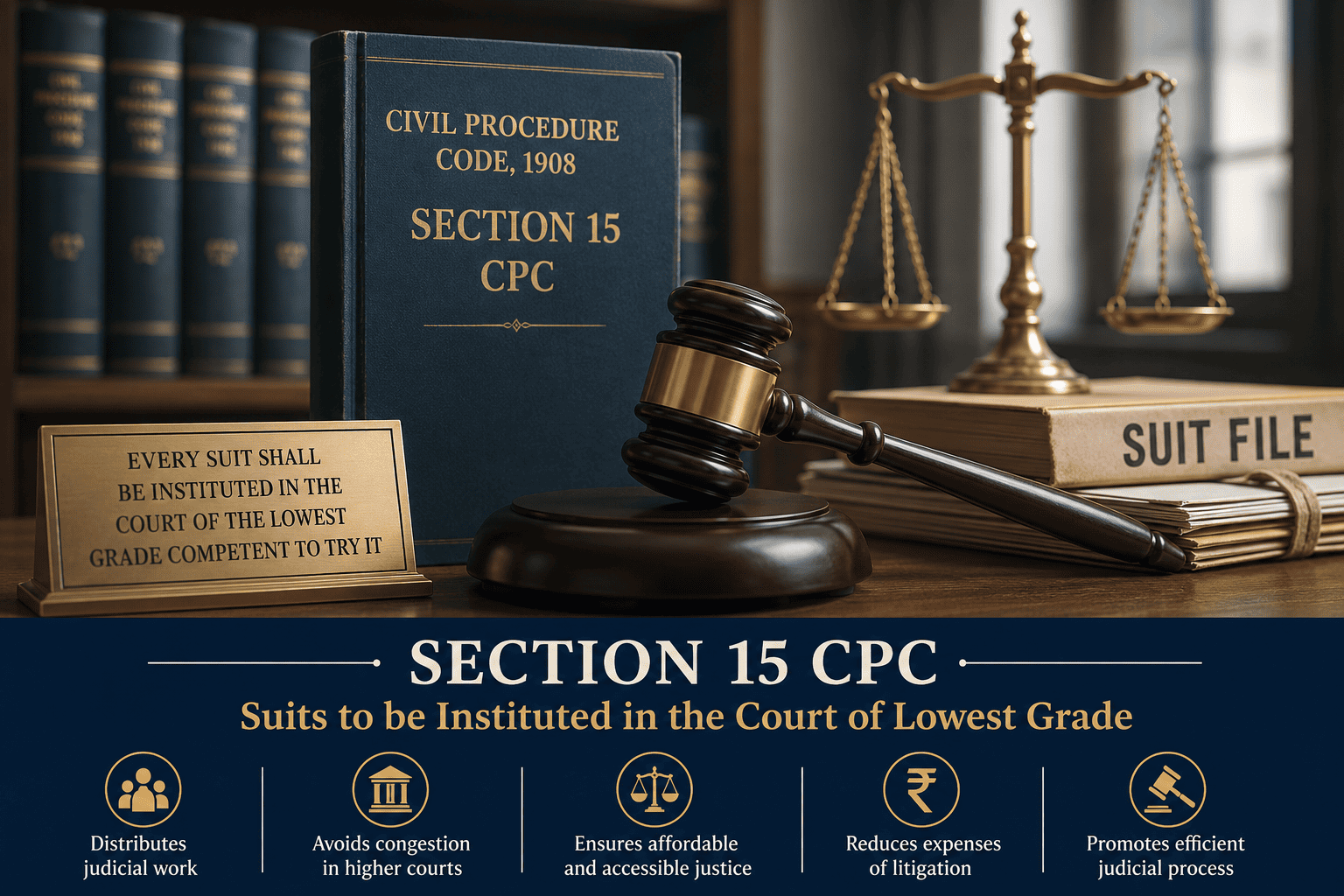 Featured image illustrating Section 15 CPC with a judge’s gavel, scales of justice, legal books, and courtroom elements representing suits instituted in the court of the lowest grade.