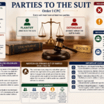 Infographic-style featured image explaining Parties to Suit under Order I CPC with plaintiff, defendant, joinder, non-joinder, and necessary party concepts in a courtroom setting.