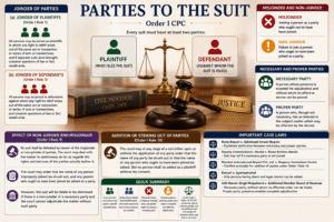 Infographic-style featured image explaining Parties to Suit under Order I CPC with plaintiff, defendant, joinder, non-joinder, and necessary party concepts in a courtroom setting.