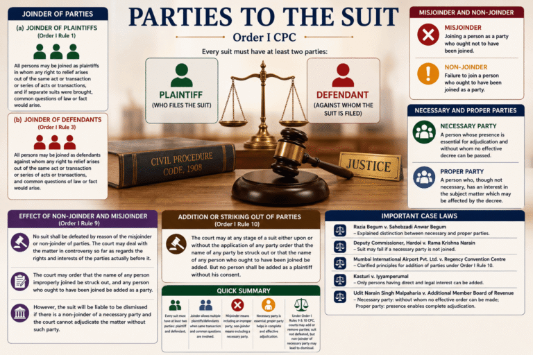 Infographic-style featured image explaining Parties to Suit under Order I CPC with plaintiff, defendant, joinder, non-joinder, and necessary party concepts in a courtroom setting.