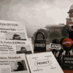 Newspapers, microphones, privacy lock and Supreme Court of India representing the right to privacy in press and media law in India.