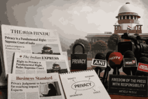 Newspapers, microphones, privacy lock and Supreme Court of India representing the right to privacy in press and media law in India.