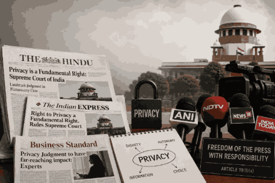 Newspapers, microphones, privacy lock and Supreme Court of India representing the right to privacy in press and media law in India.